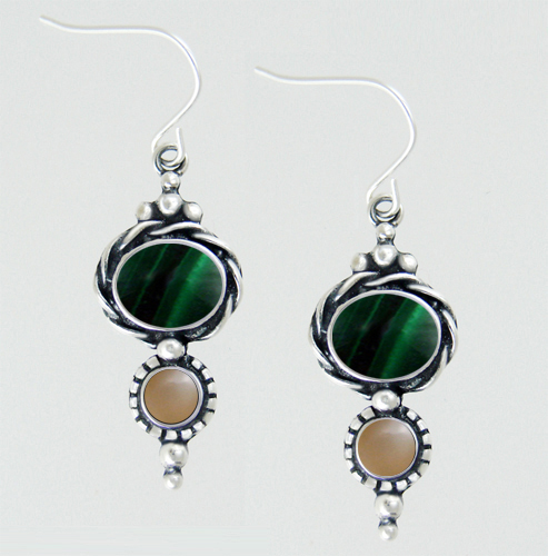 Sterling Silver Drop Dangle Earrings With Malachite And Peach Moonstone